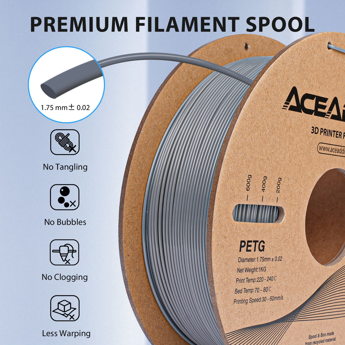 Aceaddity PETG Filament 1.75mm, 1kg Strong PETG 3D Printer Filament Dimensional Accuracy +/- 0.03mm