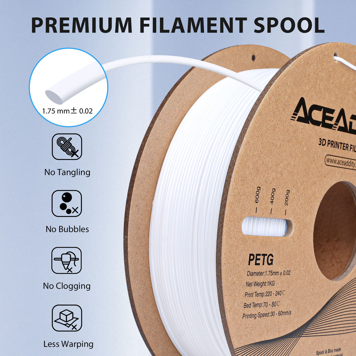 Aceaddity PETG Filament 1.75mm, 1kg Strong PETG 3D Printer Filament Dimensional Accuracy +/- 0.03mm